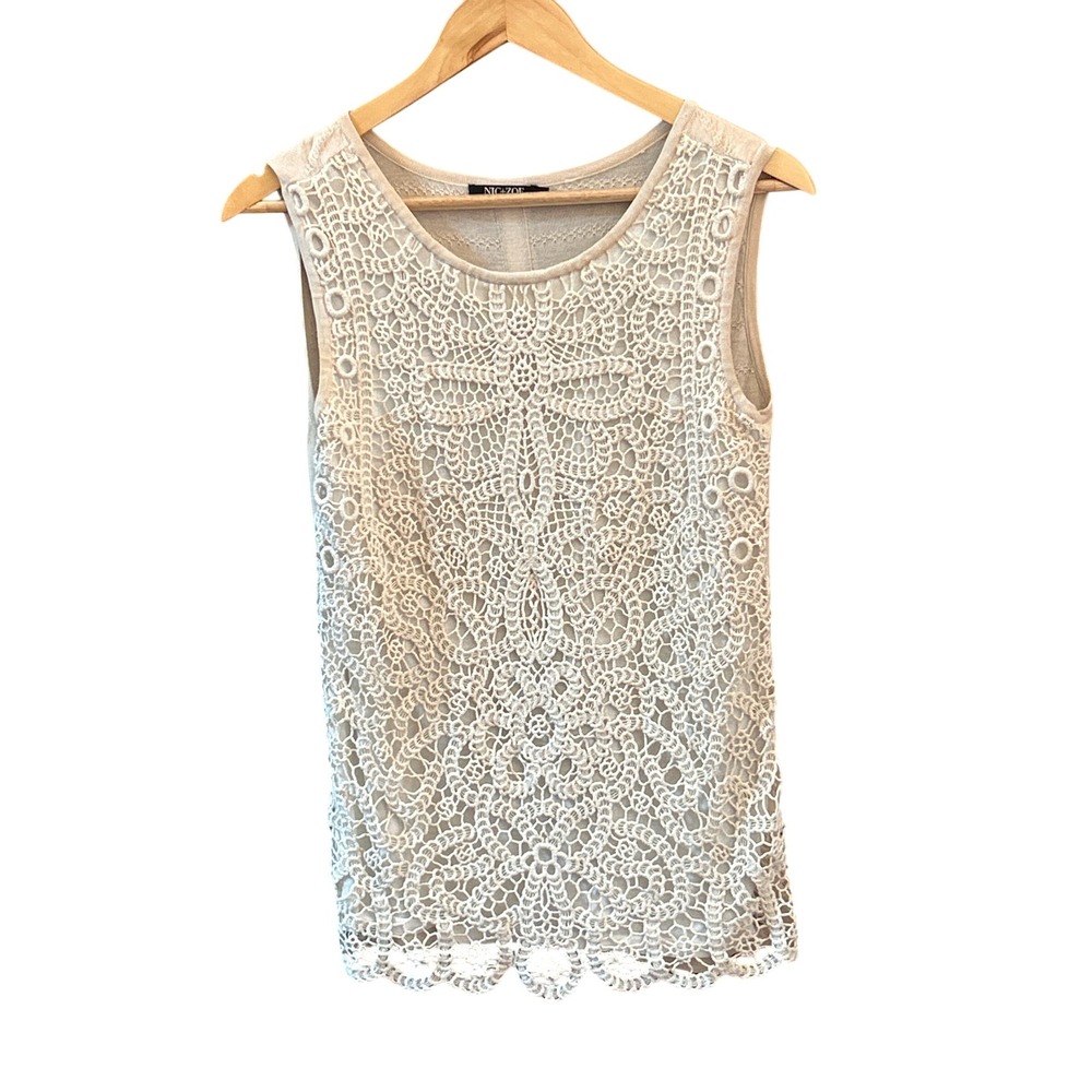 NIC+ZOE Crochet Lace Tank Top Cream Sleeveless Textured Boho Chic Feminine S